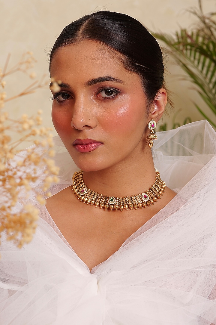 Antique Gold Finish Kundan Polki & Ruby Stone Temple Choker Necklace Set by Prestones at Pernia's Pop Up Shop