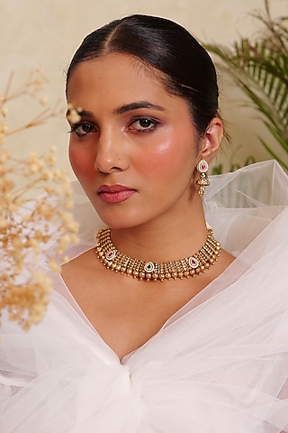 Antique Gold Finish Kundan Polki & Ruby Stone Temple Choker Necklace Set by Prestones