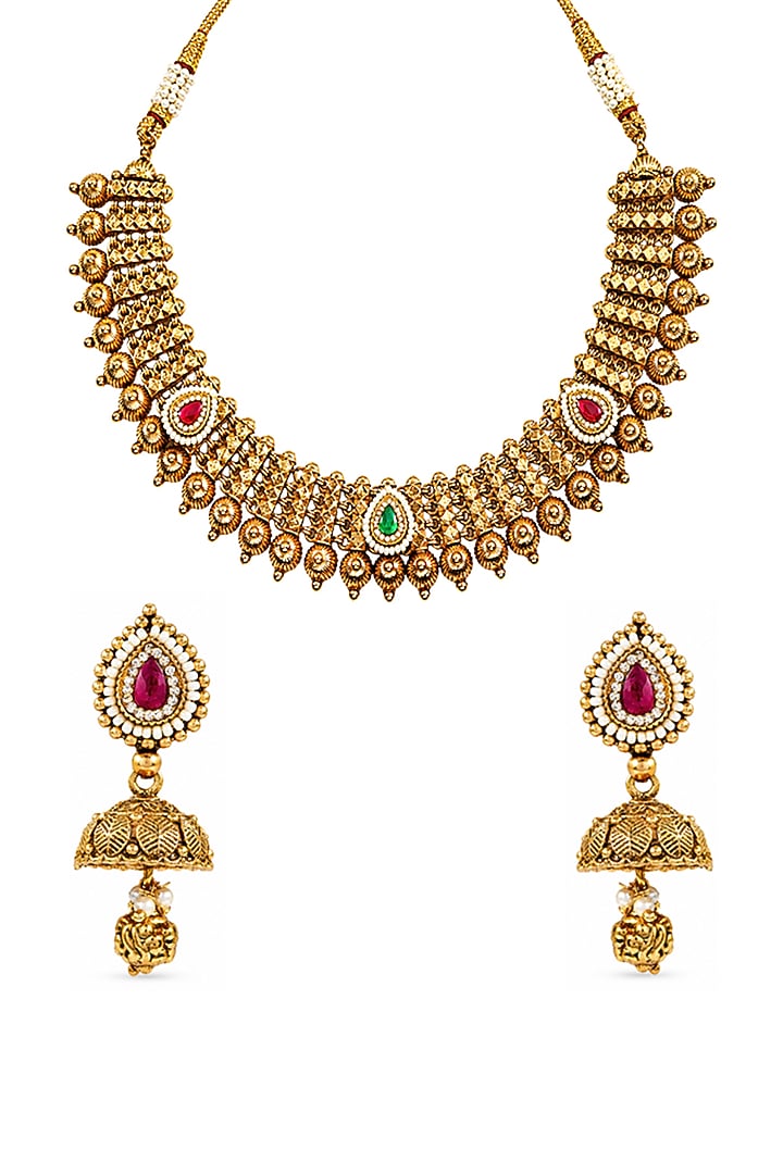 Antique Gold Finish Kundan Polki & Ruby Stone Temple Choker Necklace Set by Prestones at Pernia's Pop Up Shop