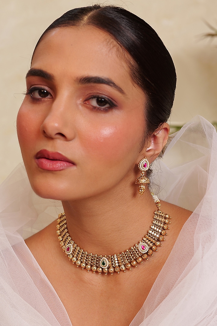 Antique Gold Finish Kundan Polki & Ruby Stone Temple Choker Necklace Set by Prestones at Pernia's Pop Up Shop