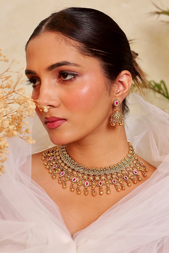 Antique Gold Finish Kundan Polki & Ruby Stone Temple Choker Necklace Set by Prestones at Pernia's Pop Up Shop