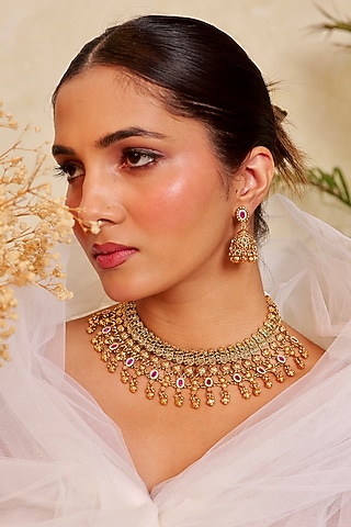 Antique Gold Finish Kundan Polki & Ruby Stone Temple Choker Necklace Set by Prestones