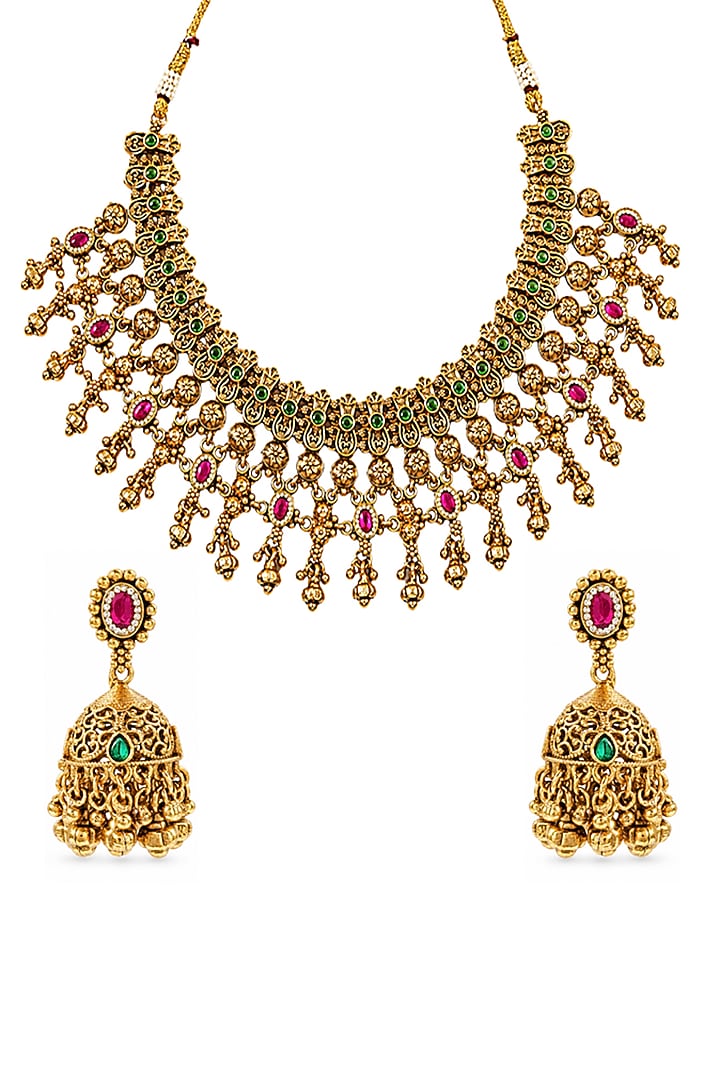 Antique Gold Finish Kundan Polki & Ruby Stone Temple Choker Necklace Set by Prestones at Pernia's Pop Up Shop