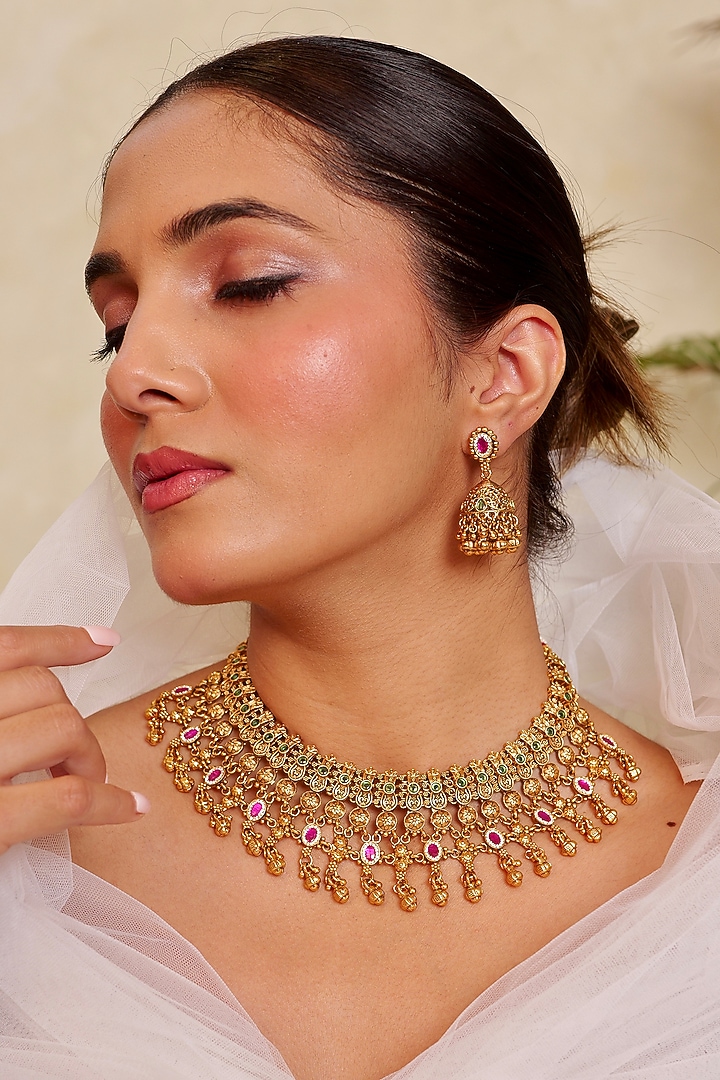 Antique Gold Finish Kundan Polki & Ruby Stone Temple Choker Necklace Set by Prestones at Pernia's Pop Up Shop