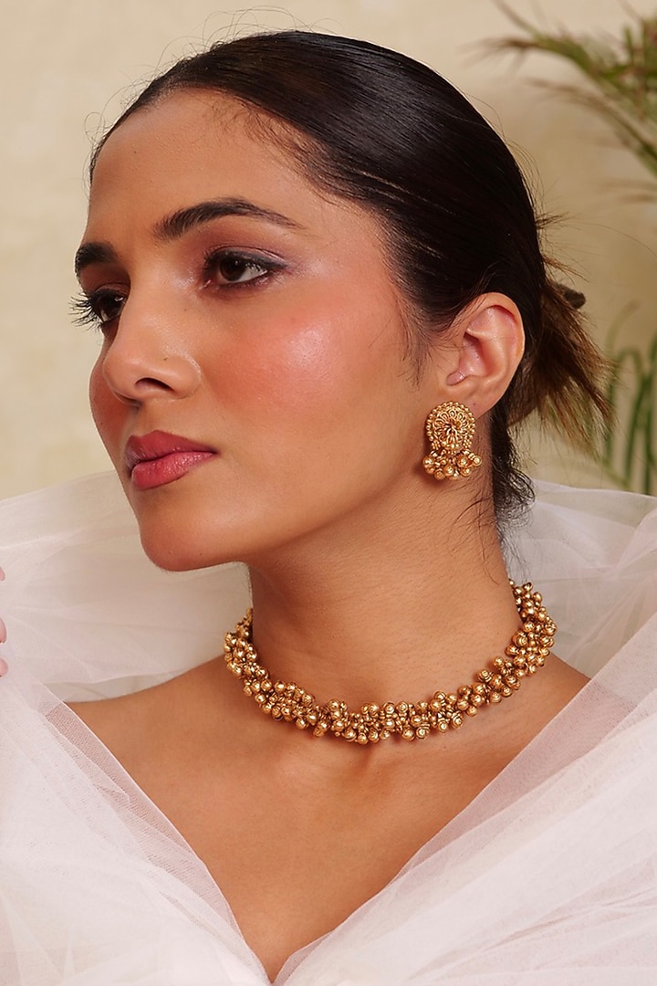 Antique Gold Finish Ghungroo Temple Choker Necklace Set by Prestones at Pernia's Pop Up Shop