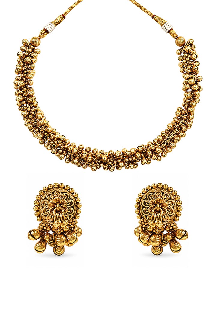 Antique Gold Finish Ghungroo Temple Choker Necklace Set by Prestones at Pernia's Pop Up Shop