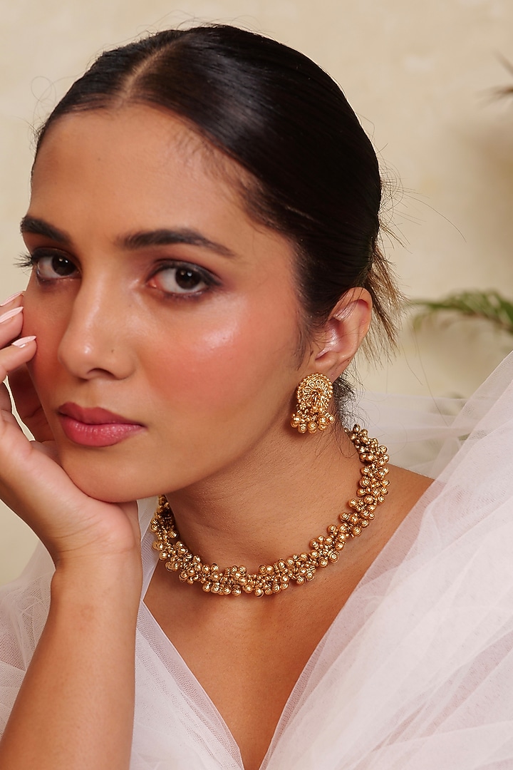 Antique Gold Finish Ghungroo Temple Choker Necklace Set by Prestones at Pernia's Pop Up Shop