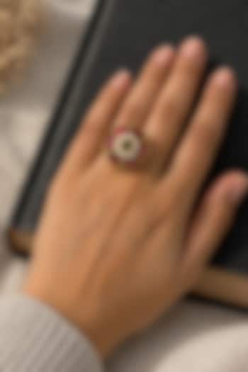 Matte Gold Finish Ruby & Green Stone Adjustable Ring by Prestones at Pernia's Pop Up Shop