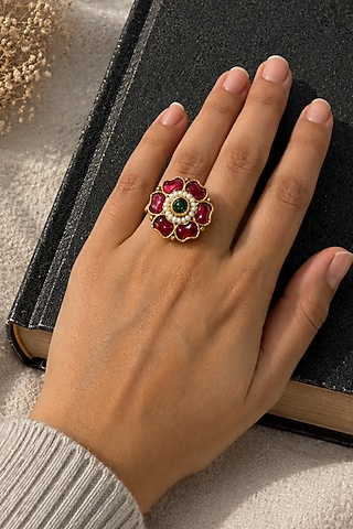 Matte Gold Finish Ruby & Green Stone Adjustable Ring by Prestones