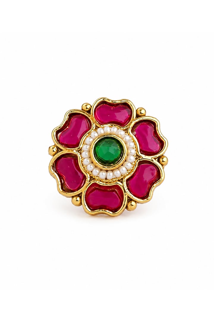 Matte Gold Finish Ruby & Green Stone Adjustable Ring by Prestones at Pernia's Pop Up Shop