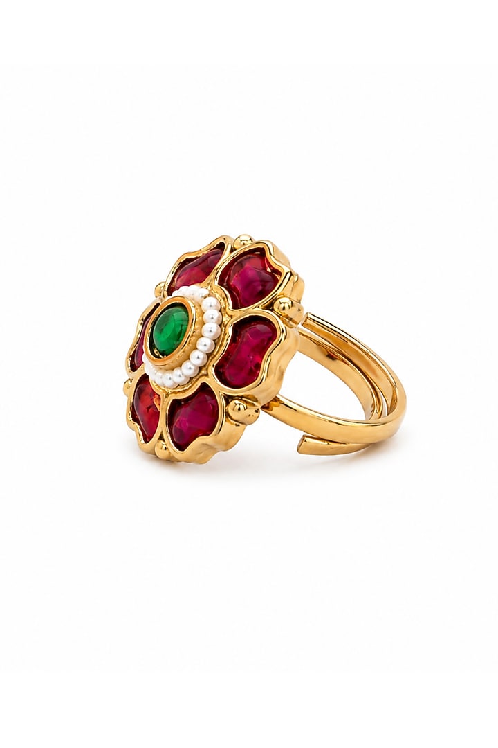 Matte Gold Finish Ruby & Green Stone Adjustable Ring by Prestones at Pernia's Pop Up Shop