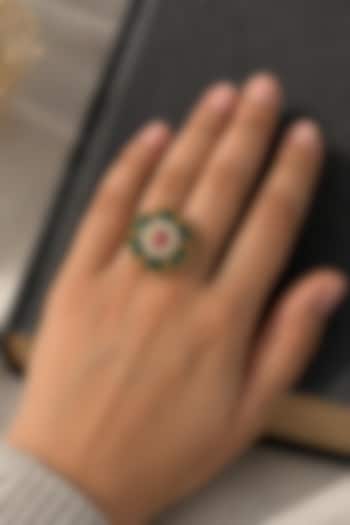 Matte Gold Finish Ruby & Green Stone Adjustable Ring by Prestones at Pernia's Pop Up Shop