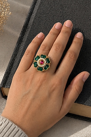 Matte Gold Finish Ruby & Green Stone Adjustable Ring by Prestones