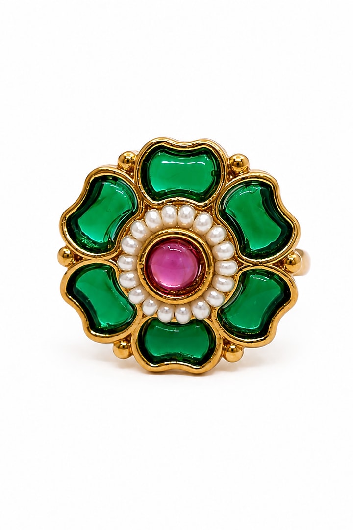 Matte Gold Finish Ruby & Green Stone Adjustable Ring by Prestones at Pernia's Pop Up Shop