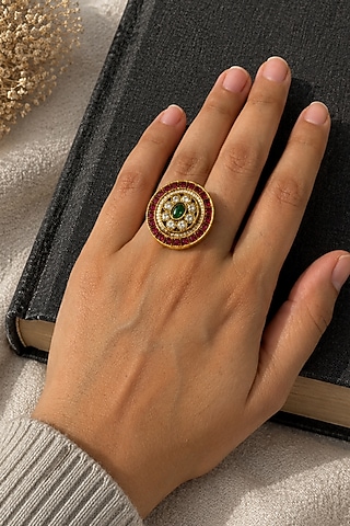 Matte Gold Finish Kundan Polki & Ruby Stone Adjustable Ring by Prestones