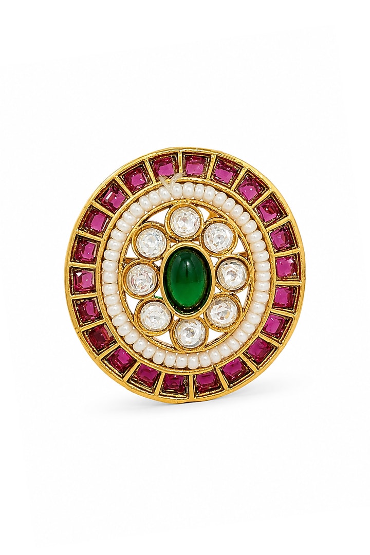 Matte Gold Finish Kundan Polki & Ruby Stone Adjustable Ring by Prestones at Pernia's Pop Up Shop