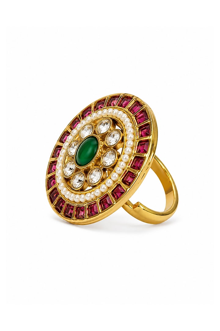 Matte Gold Finish Kundan Polki & Ruby Stone Adjustable Ring by Prestones at Pernia's Pop Up Shop