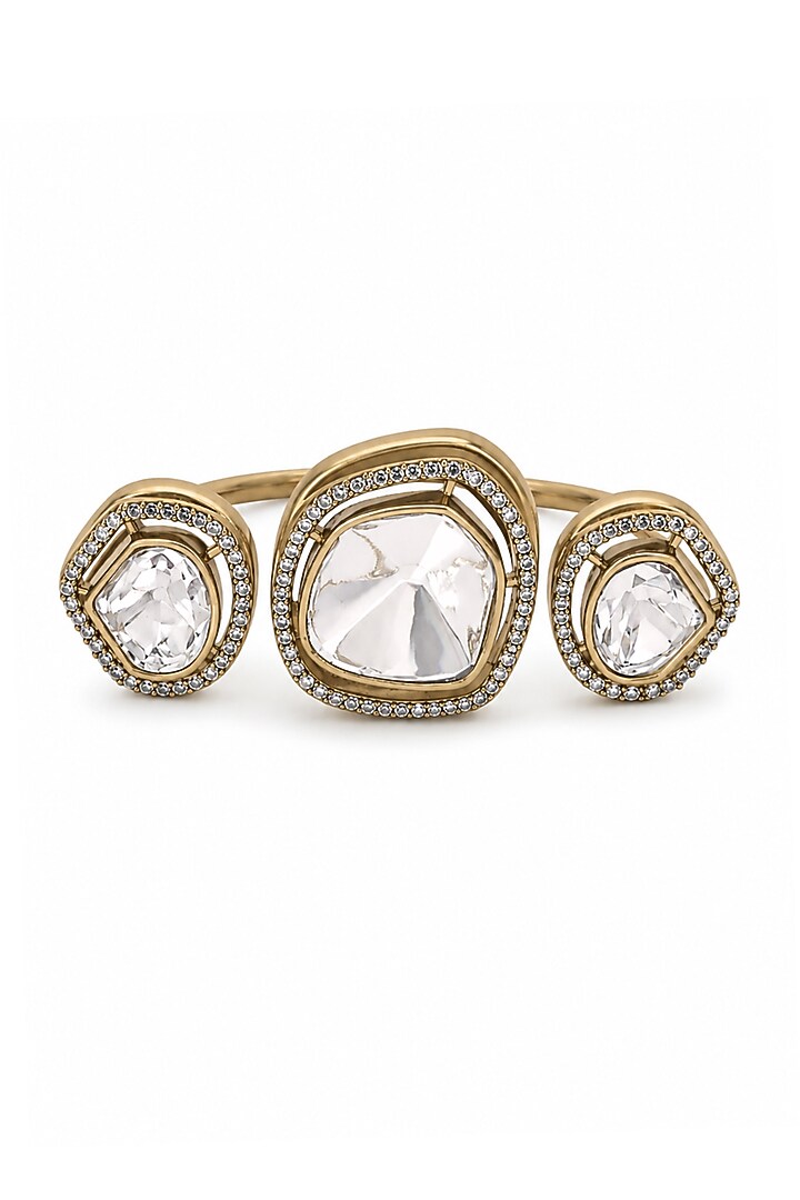 Matte Gold Finish Uncut Kundan Polki & Zircon Adjustable Dual-Finger Ring by Prestones at Pernia's Pop Up Shop