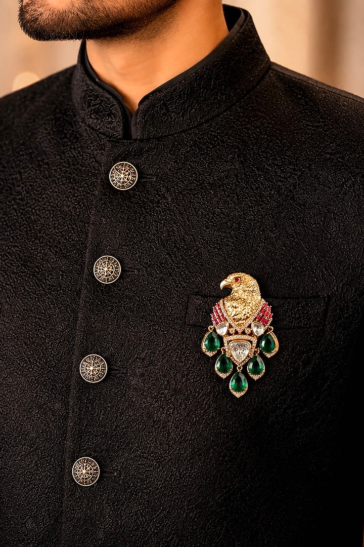 Matte Gold Finish Kundan Polki & Emerald Stone Brooch by Prestones at Pernia's Pop Up Shop