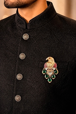 Matte Gold Finish Kundan Polki & Emerald Stone Brooch by Prestones
