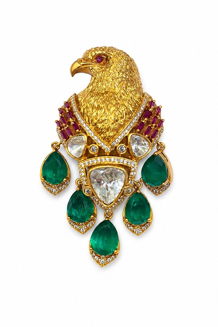 Matte Gold Finish Kundan Polki & Emerald Stone Brooch by Prestones at Pernia's Pop Up Shop
