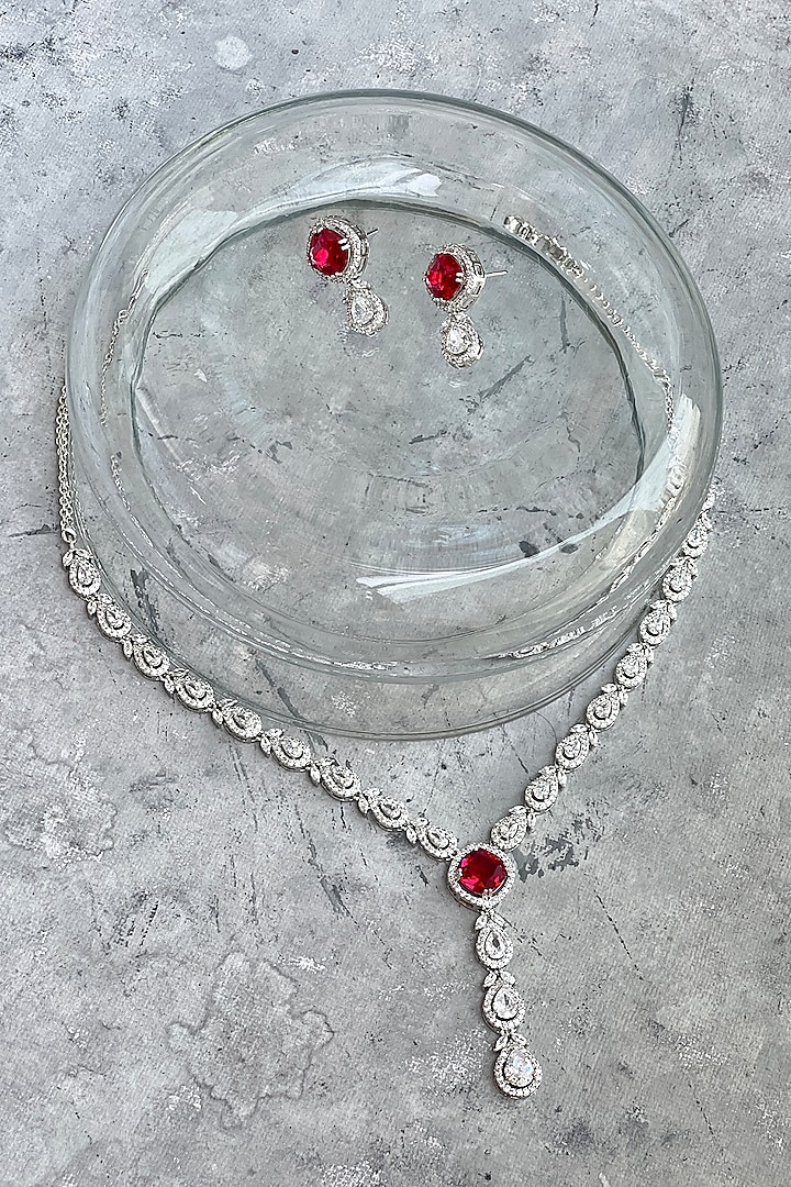 White Finish Zircon & Red Stone Long Necklace Set by Prestones at Pernia's Pop Up Shop