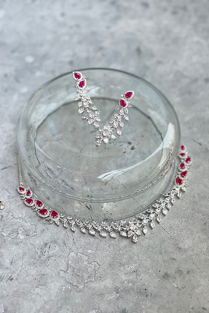 White Finish Zircon & Red Leaf Motif Choker Necklace Set by Prestones at Pernia's Pop Up Shop