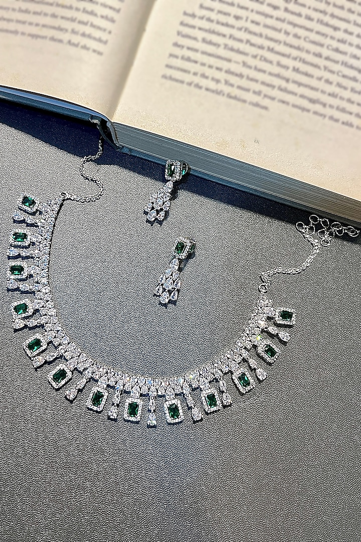 White Finish Zircon & Green Stone Choker Necklace Set by Prestones at Pernia's Pop Up Shop