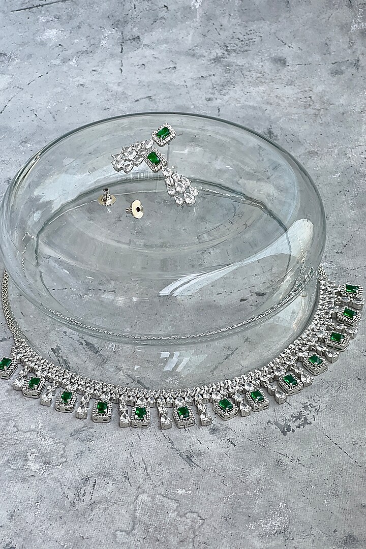 White Finish Zircon & Green Stone Choker Necklace Set by Prestones at Pernia's Pop Up Shop