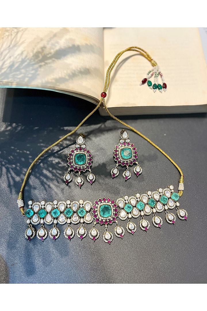 Gold Finish Moissanite Polki & Green Crystal Choker Necklace Set by Prestones at Pernia's Pop Up Shop