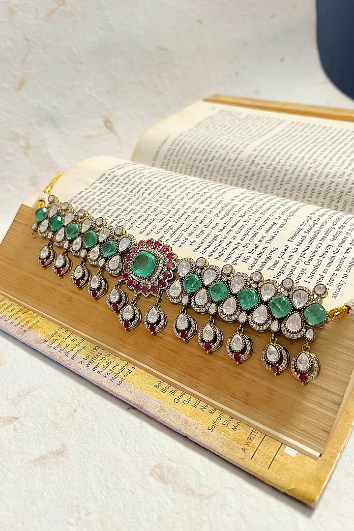 Gold Finish Moissanite Polki & Green Crystal Choker Necklace Set by Prestones at Pernia's Pop Up Shop