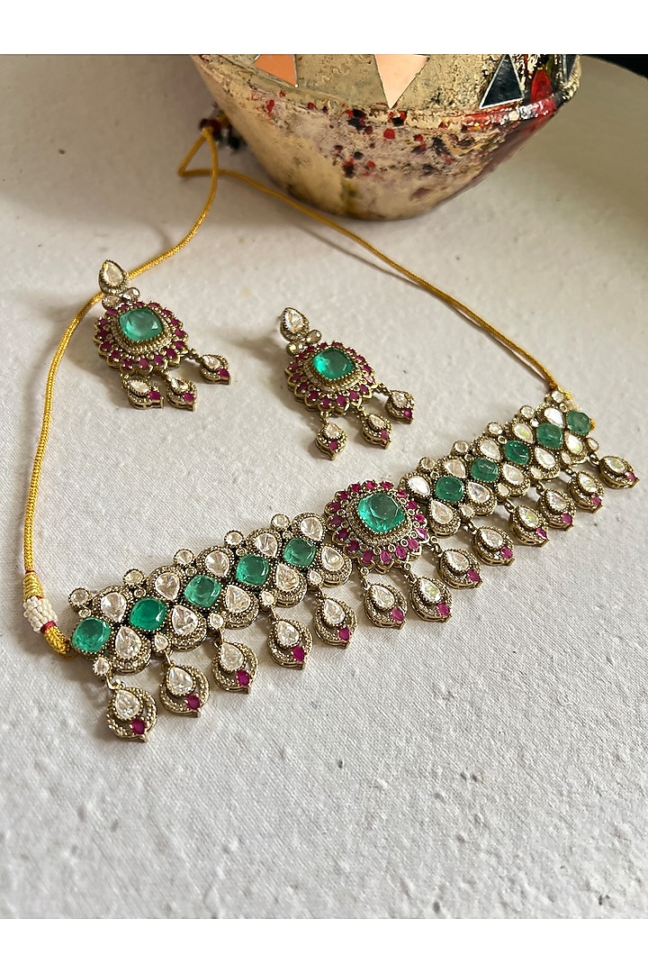 Gold Finish Moissanite Polki & Green Crystal Choker Necklace Set by Prestones at Pernia's Pop Up Shop