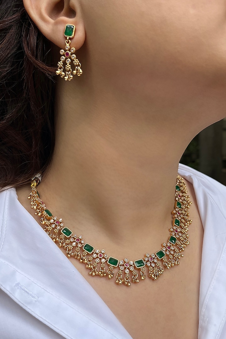Gold Finish Green Stone & Ghungroo Temple Necklace Set by Prestones at Pernia's Pop Up Shop