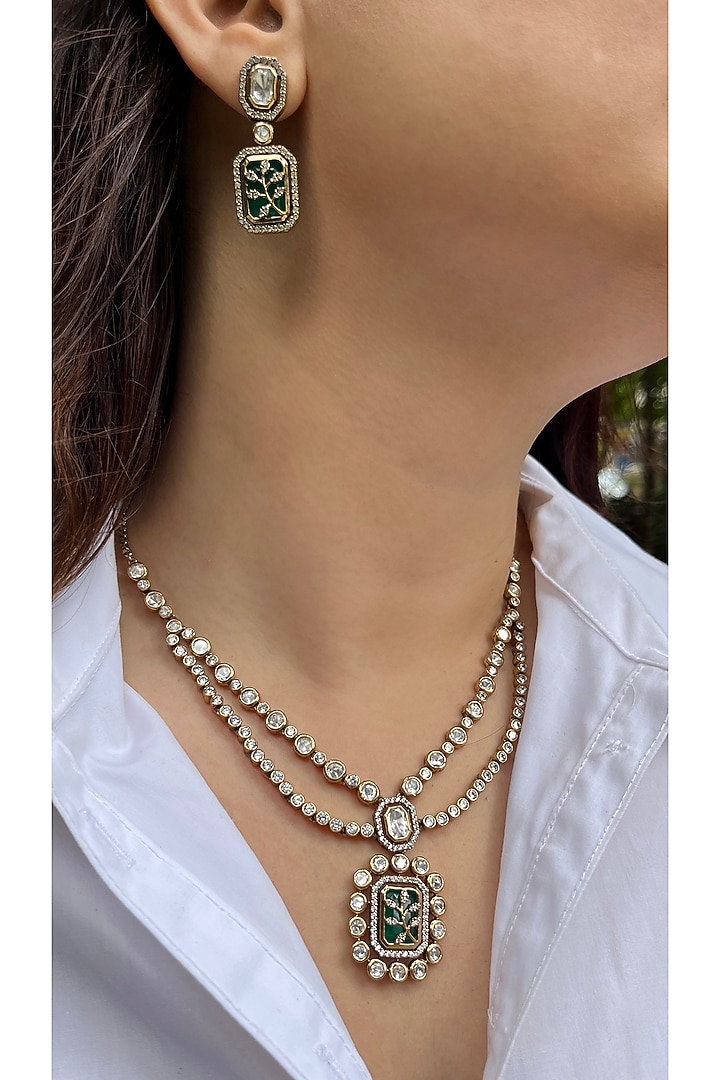 Gold Finish Kundan Polki & Green Stone Layered Necklace Set by Prestones at Pernia's Pop Up Shop