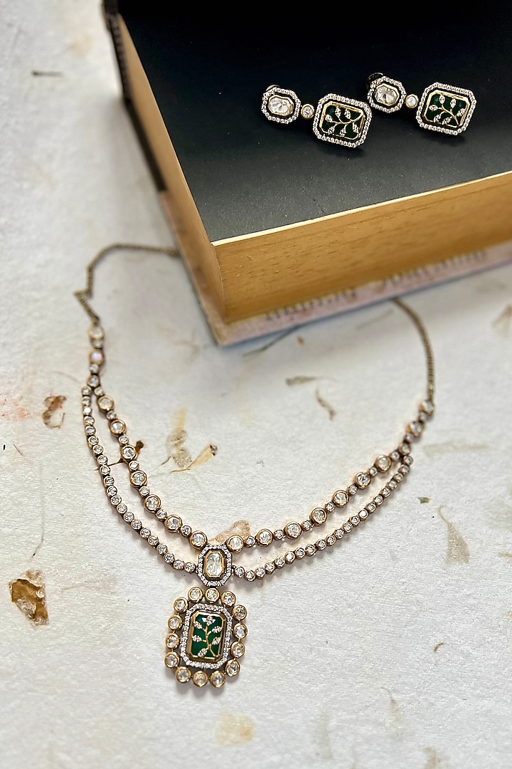 Gold Finish Kundan Polki & Green Stone Layered Necklace Set by Prestones at Pernia's Pop Up Shop