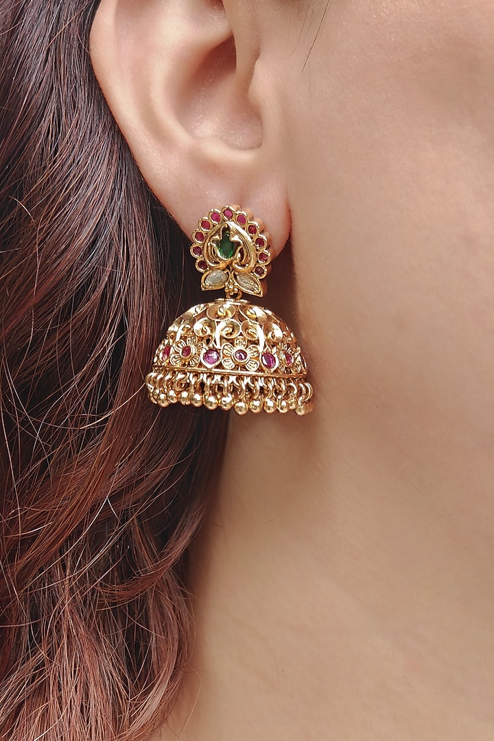 Gold Finish Temple Jhumka Earrings by Prestones at Pernia's Pop Up Shop