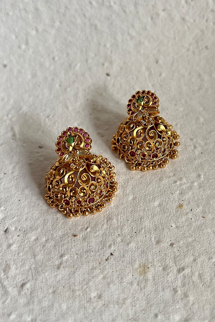 Gold Finish Temple Jhumka Earrings by Prestones at Pernia's Pop Up Shop