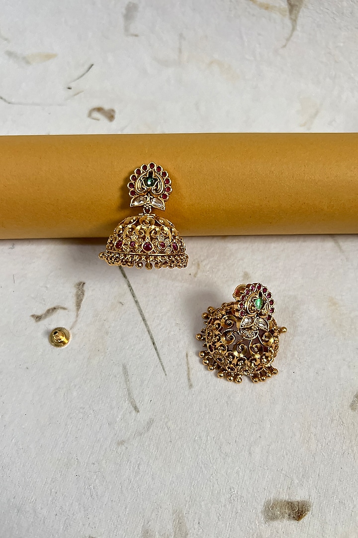 Gold Finish Temple Jhumka Earrings by Prestones at Pernia's Pop Up Shop