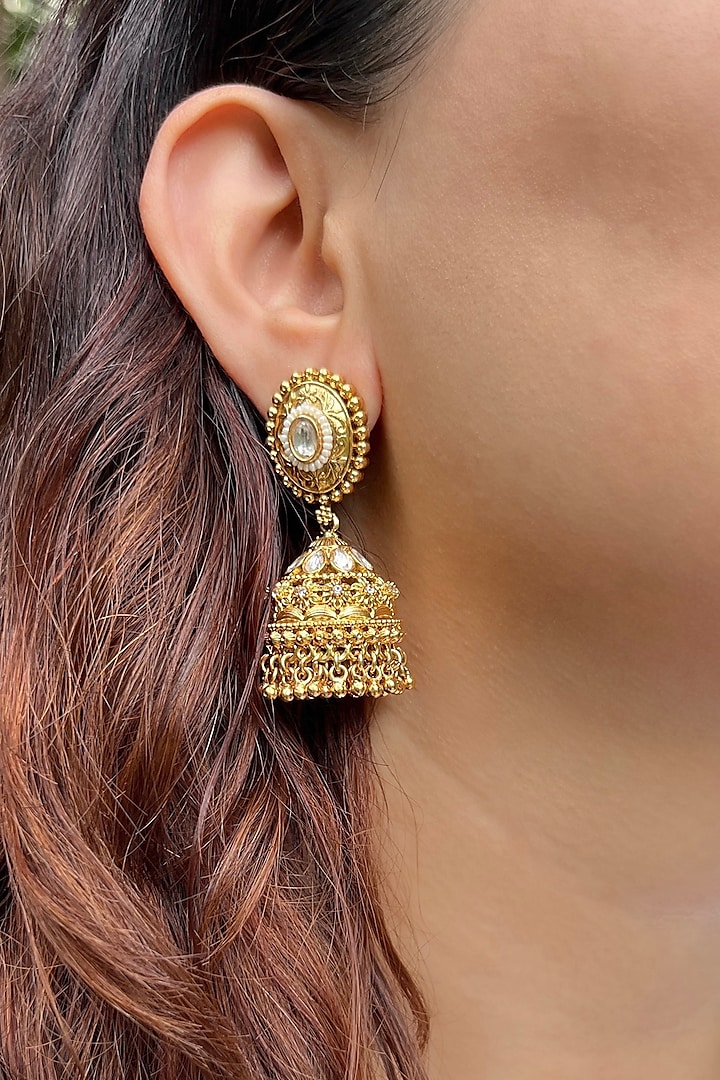 Gold Finish Pearl Temple Jhumka Earrings by Prestones at Pernia's Pop Up Shop