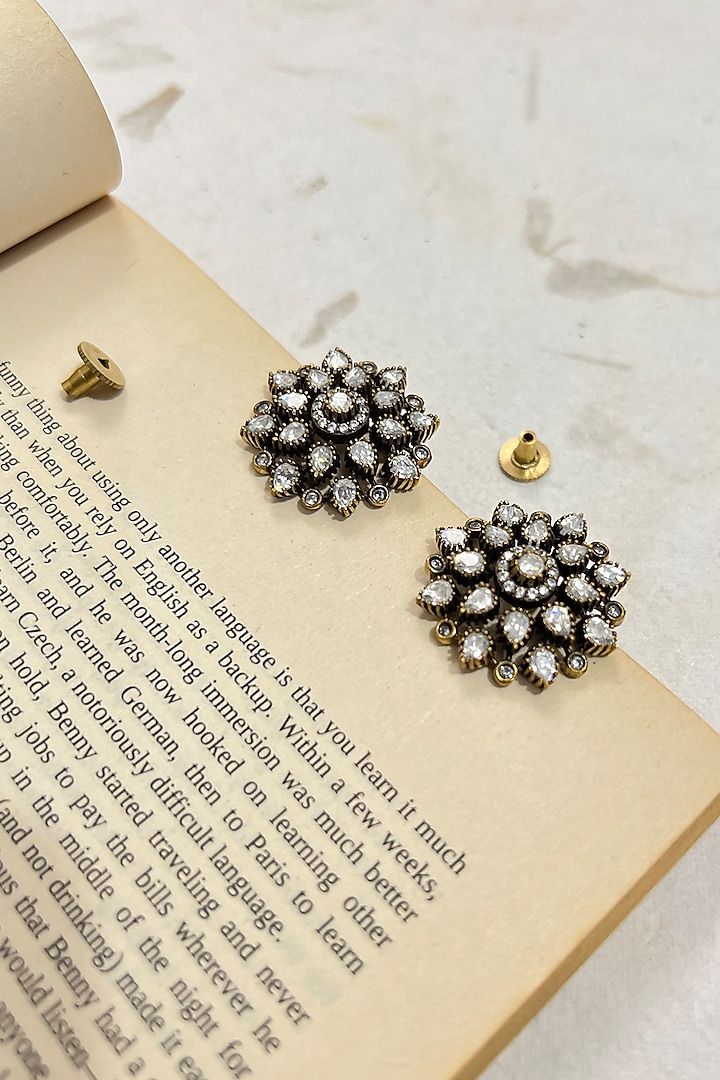 Black Rhodium Finish Zircon Floral Motif Stud Earrings by Prestones at Pernia's Pop Up Shop