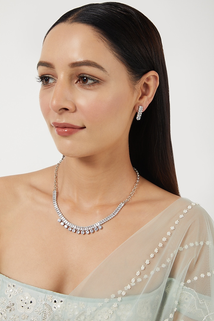 White Finish Necklace Set With Zircons by Prestones