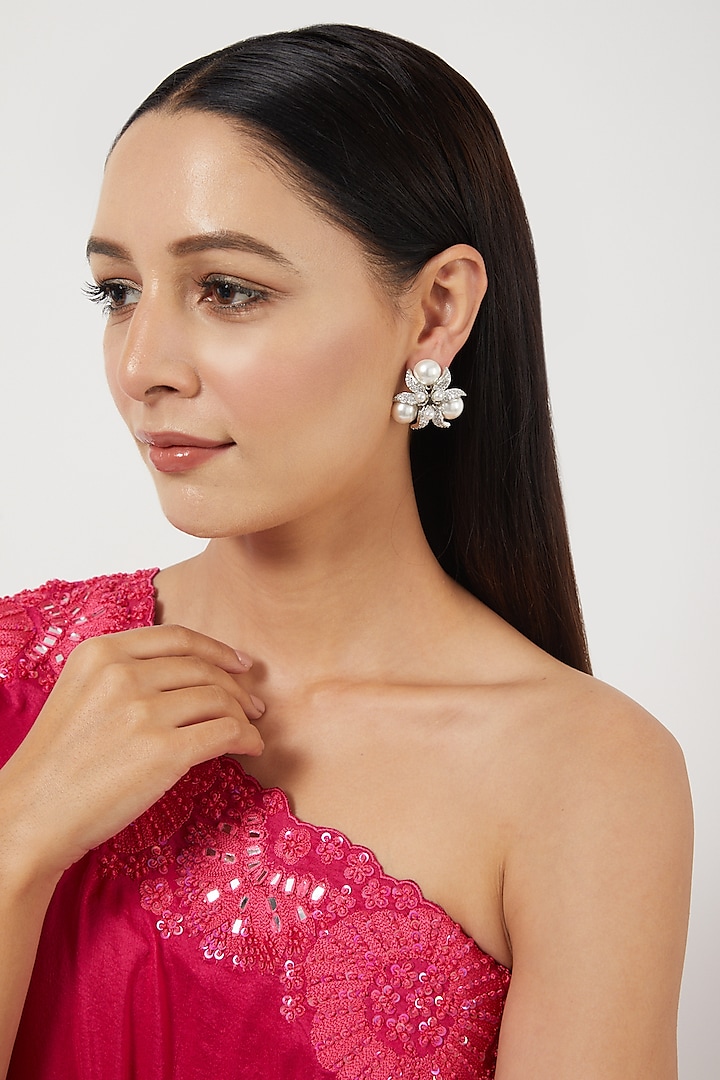 White Finish Pearl & Zircon Stud Earrings by Prestones at Pernia's Pop Up Shop