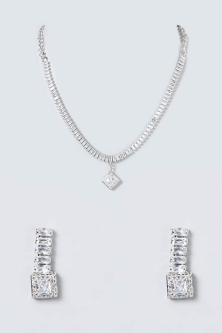 White Finish Zircon Long Necklace Set by Prestones