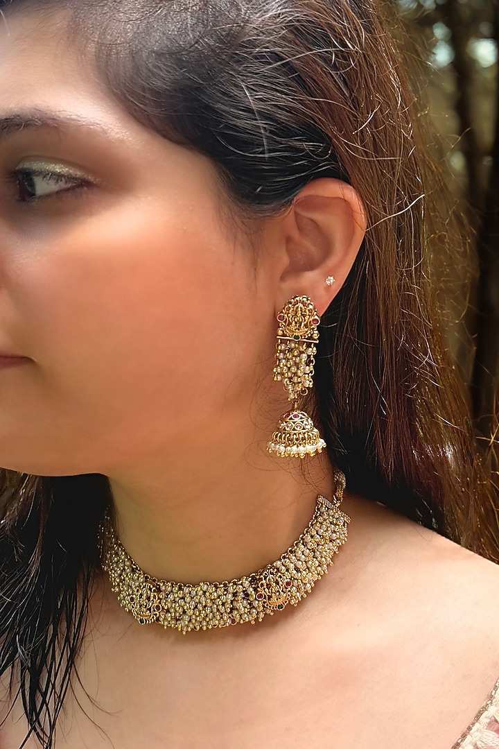 Gold Finish Pearl Temple Choker Necklace Set by Prestones at Pernia's Pop Up Shop