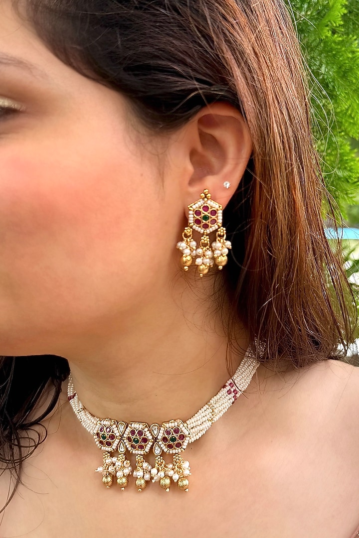 Gold Finish Pearl & Stone Motif Temple Choker Necklace Set by Prestones at Pernia's Pop Up Shop