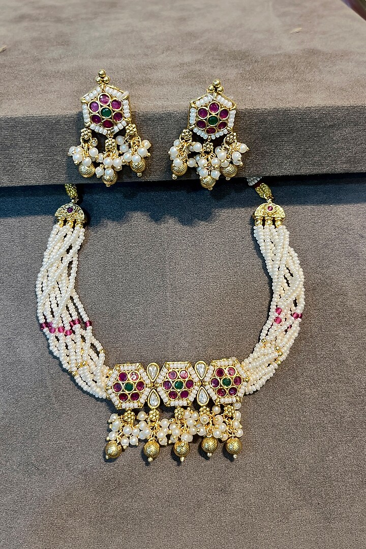 Gold Finish Pearl & Stone Motif Temple Choker Necklace Set by Prestones at Pernia's Pop Up Shop