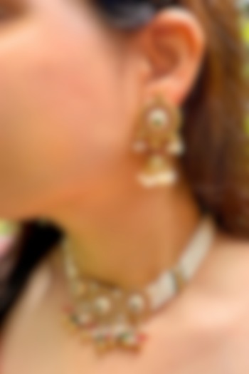 Gold Finish Pearl & Stone Motif Temple Choker Necklace Set by Prestones at Pernia's Pop Up Shop