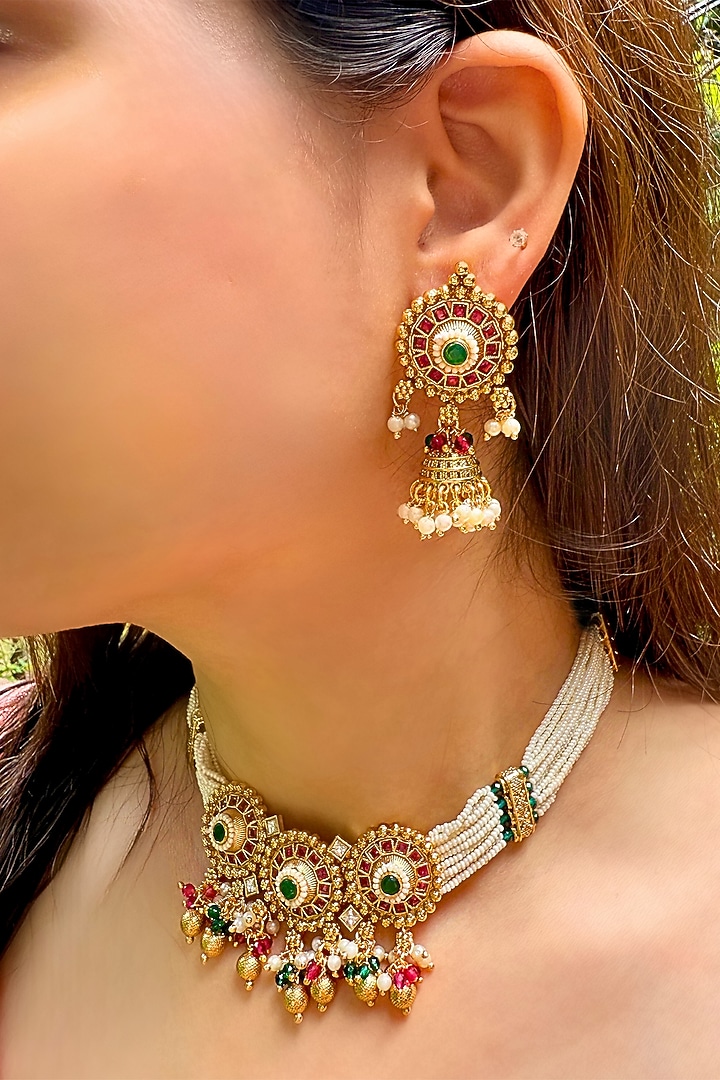 Gold Finish Pearl & Stone Motif Temple Choker Necklace Set by Prestones at Pernia's Pop Up Shop