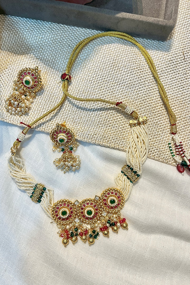 Gold Finish Pearl & Stone Motif Temple Choker Necklace Set by Prestones at Pernia's Pop Up Shop