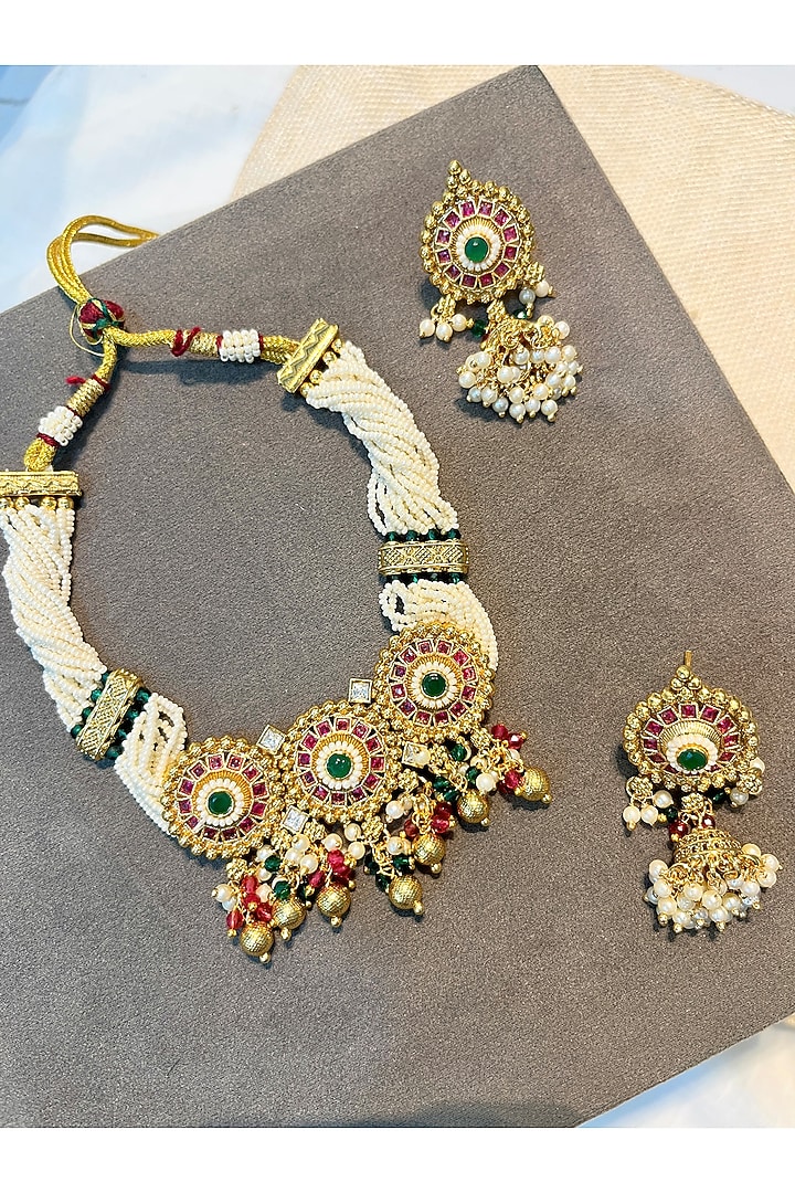 Gold Finish Pearl & Stone Motif Temple Choker Necklace Set by Prestones at Pernia's Pop Up Shop